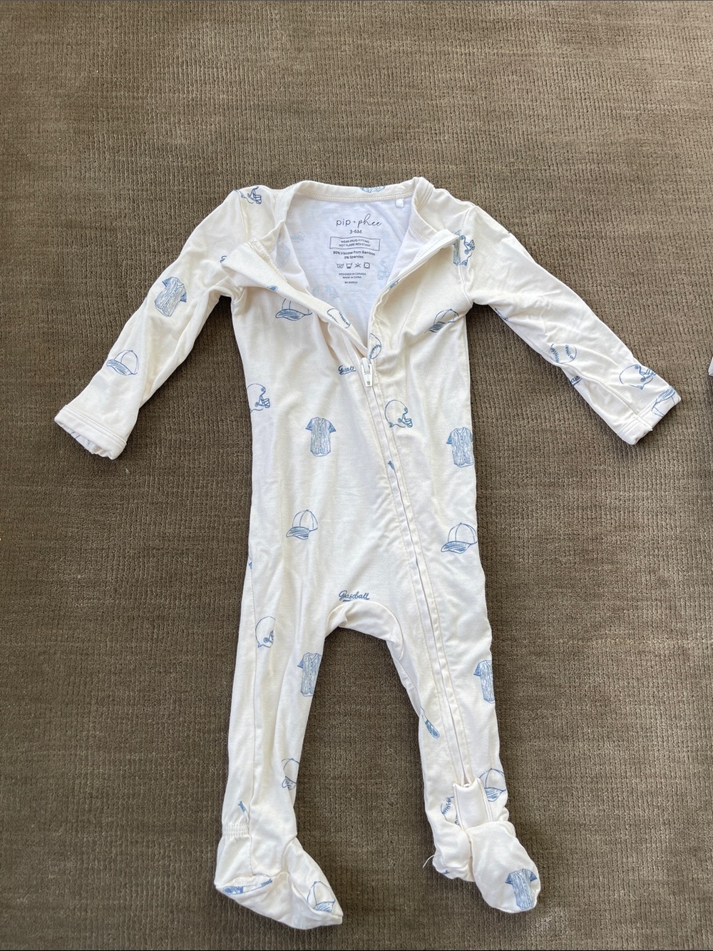 Pip + Phee Cream Footed Zip One-Piece with Blue baseball print